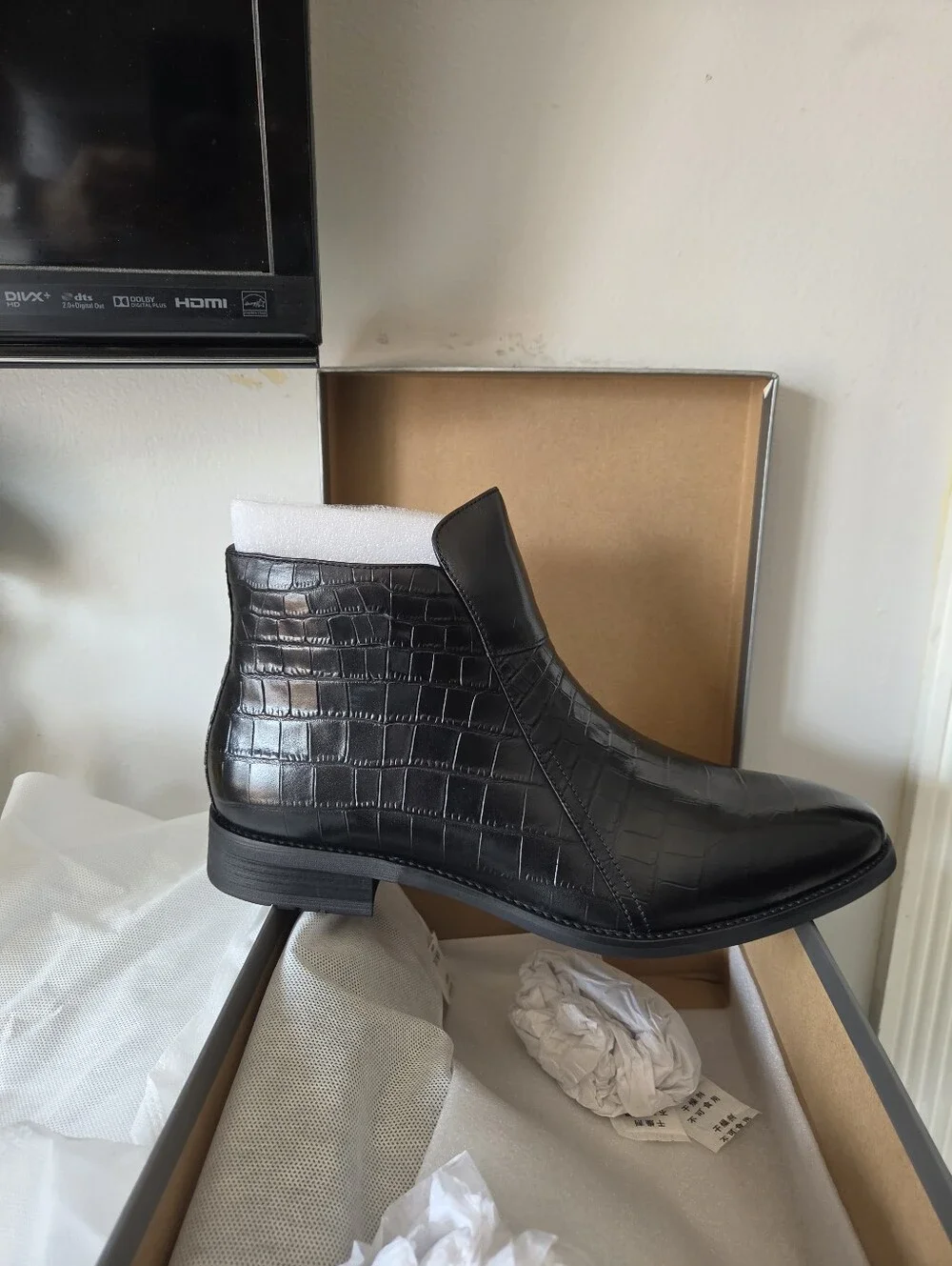 Men's Black Croc-Embossed Leather Ankle Boots